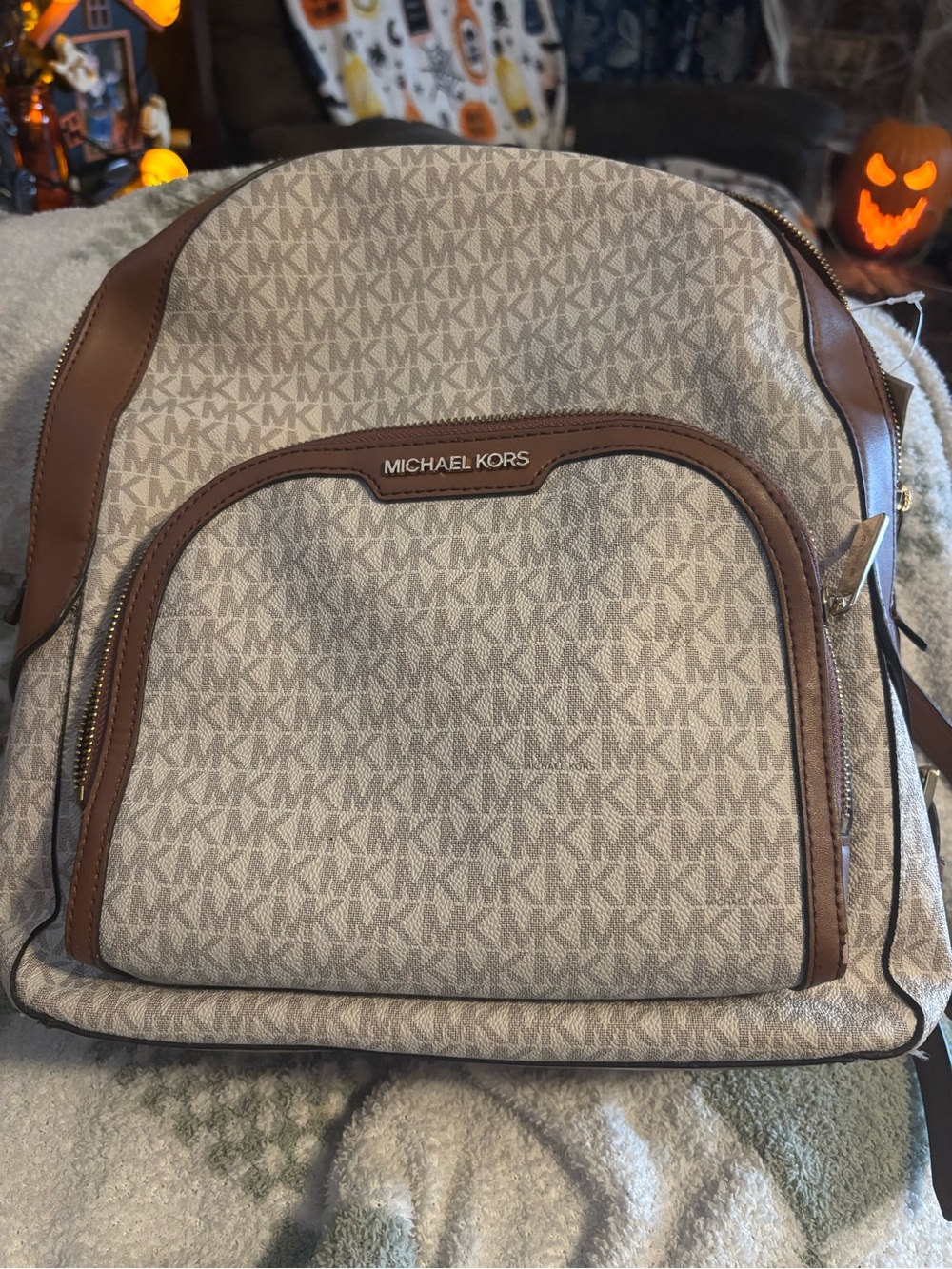 Michael Kors Beige & Brown Signature MK Logo Backpack